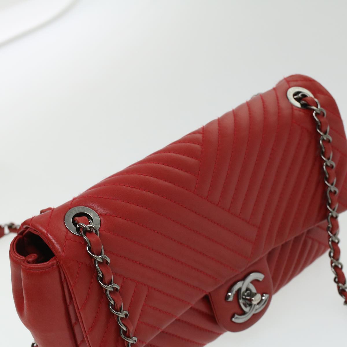 CHANEL Chain Shoulder Bag Lamb Skin Red CC Auth bs3636A