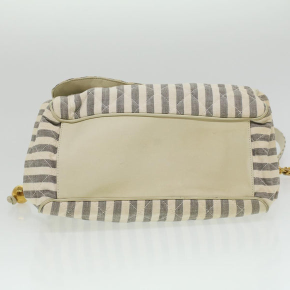 CHANEL Striped Matelasse Chain Shoulder Bag Canvas White Gray CC Auth bs3642