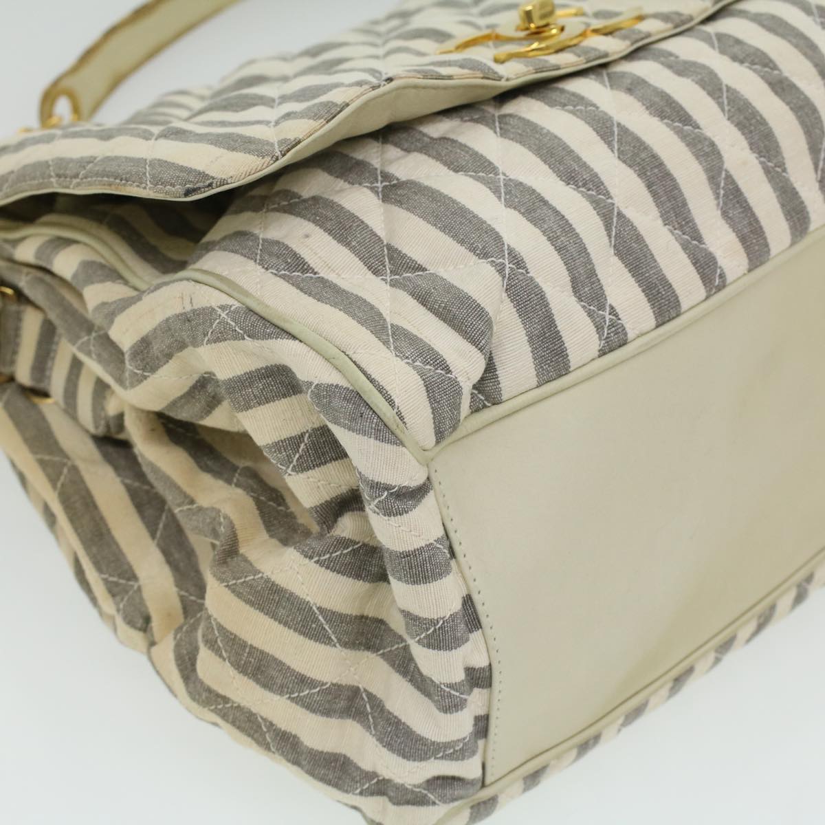 CHANEL Striped Matelasse Chain Shoulder Bag Canvas White Gray CC Auth bs3642