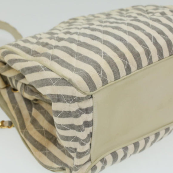 CHANEL Striped Matelasse Chain Shoulder Bag Canvas White Gray CC Auth bs3642