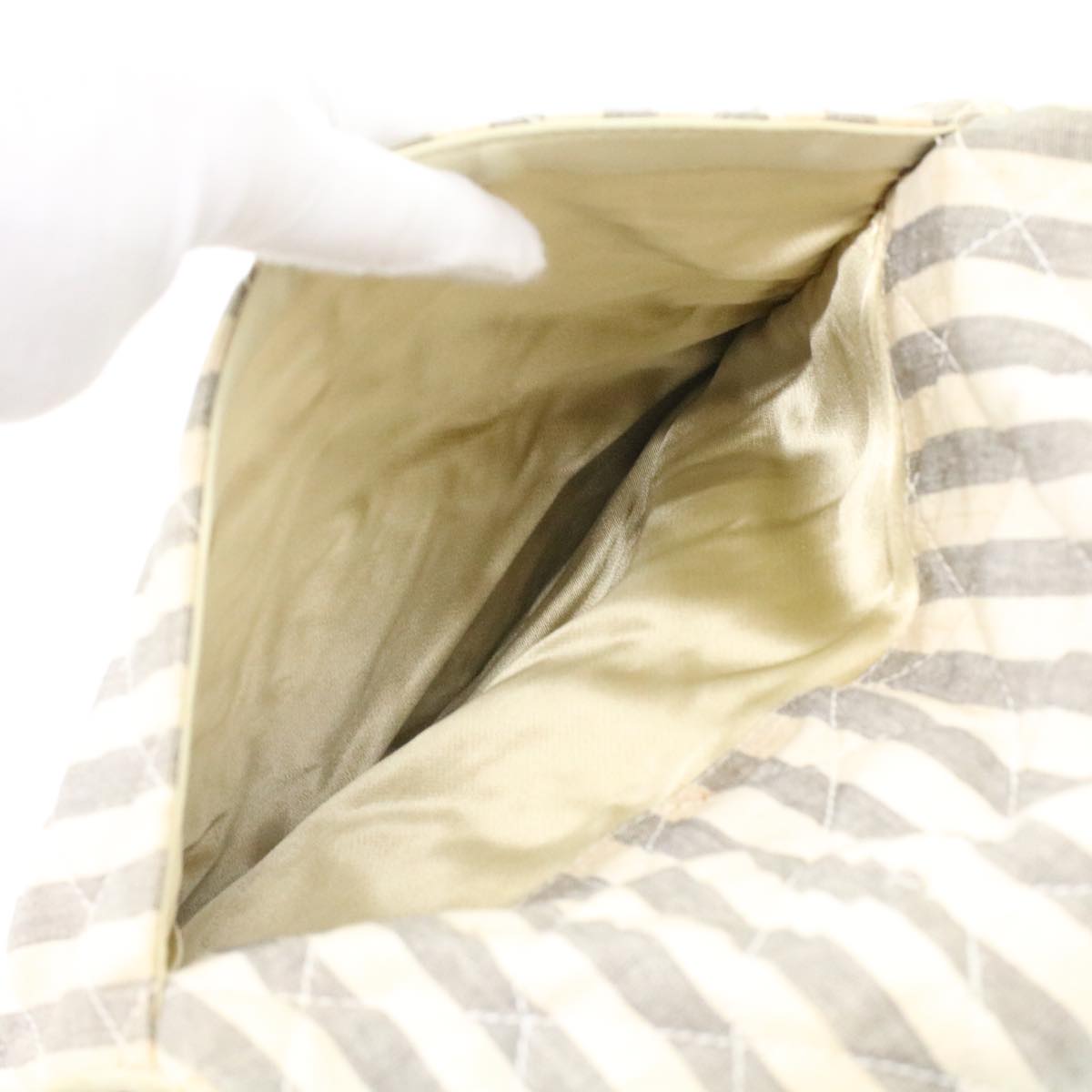 CHANEL Striped Matelasse Chain Shoulder Bag Canvas White Gray CC Auth bs3642
