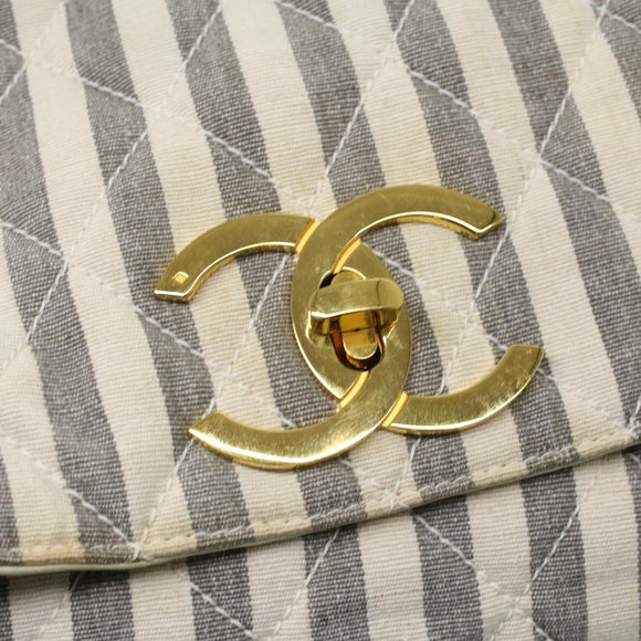 CHANEL Striped Matelasse Chain Shoulder Bag Canvas White Gray CC Auth bs3642