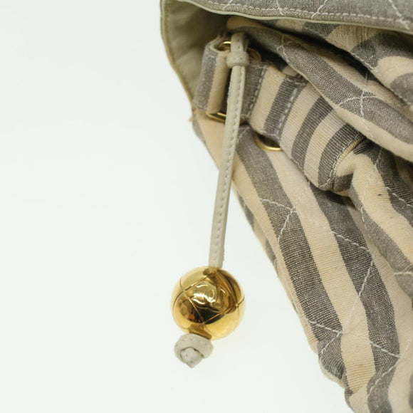 CHANEL Striped Matelasse Chain Shoulder Bag Canvas White Gray CC Auth bs3642