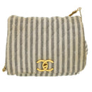 CHANEL Striped Matelasse Chain Shoulder Bag Canvas White Gray CC Auth bs3642-13