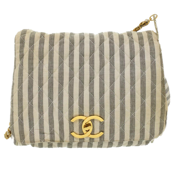 CHANEL Striped Matelasse Chain Shoulder Bag Canvas White Gray CC Auth bs3642