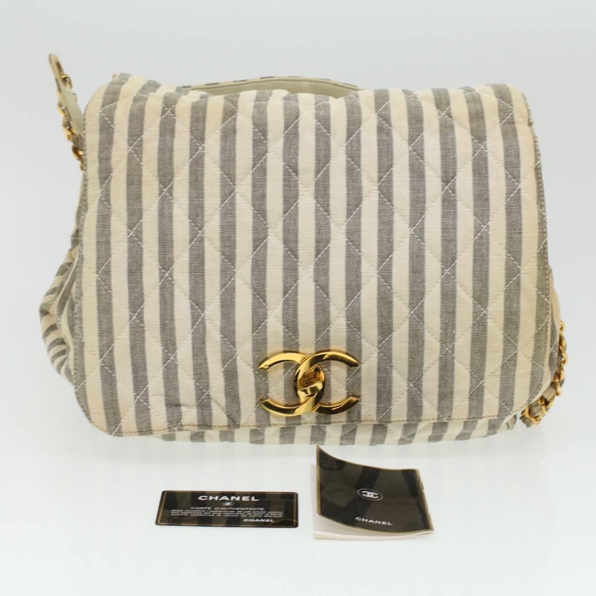 CHANEL Striped Matelasse Chain Shoulder Bag Canvas White Gray CC Auth bs3642