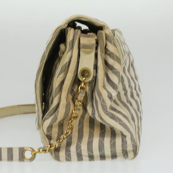 CHANEL Striped Matelasse Chain Shoulder Bag Canvas White Gray CC Auth bs3642