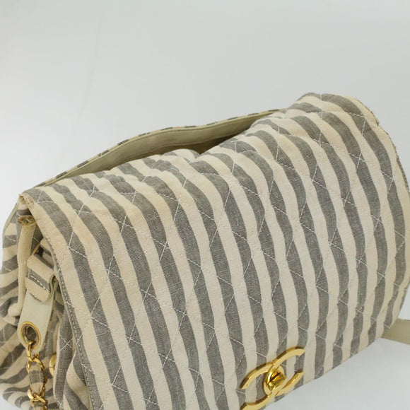 CHANEL Striped Matelasse Chain Shoulder Bag Canvas White Gray CC Auth bs3642