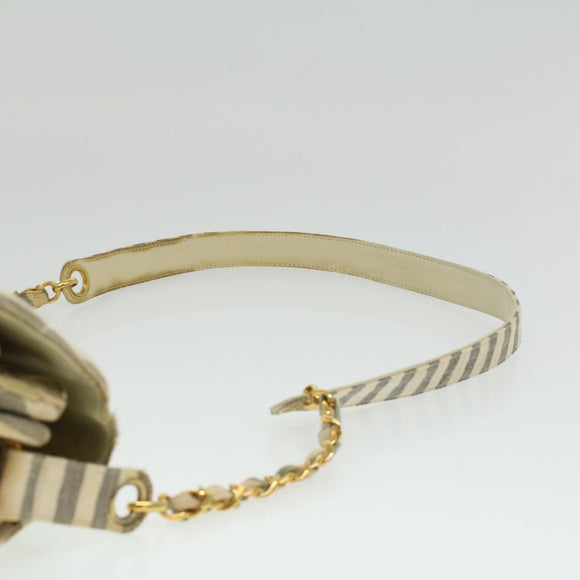 CHANEL Striped Matelasse Chain Shoulder Bag Canvas White Gray CC Auth bs3642