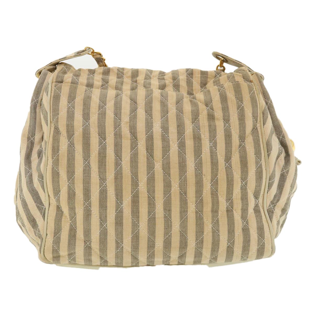 CHANEL Striped Matelasse Chain Shoulder Bag Canvas White Gray CC Auth bs3697 - 0