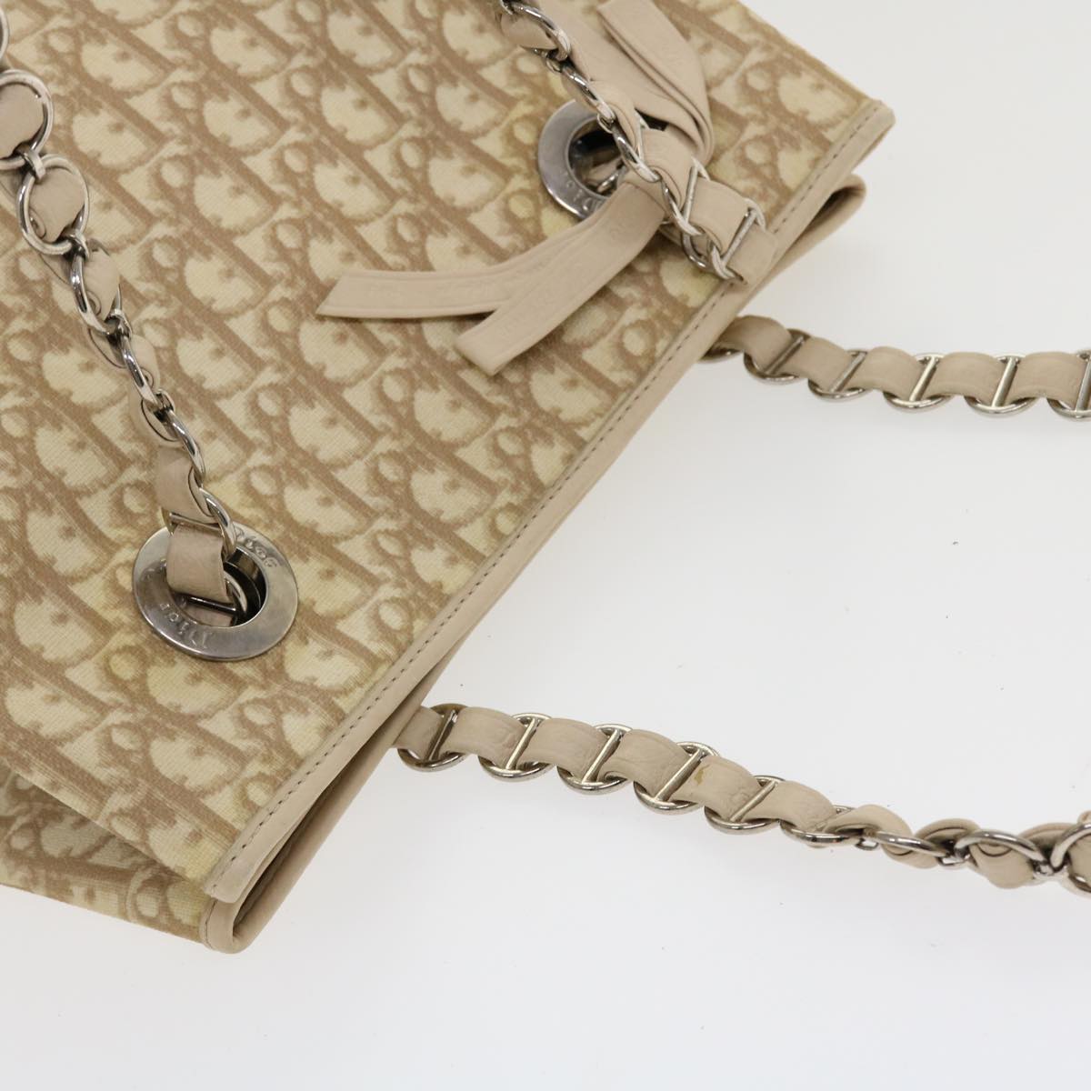 Christian Dior Trotter Canvas Chain Shoulder Bag PVC Leather Beige Auth bs3720