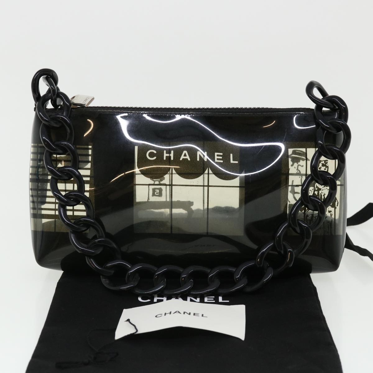 CHANEL Wind Line Chain Shoulder Bag Vinyl Black CC Auth bs3783