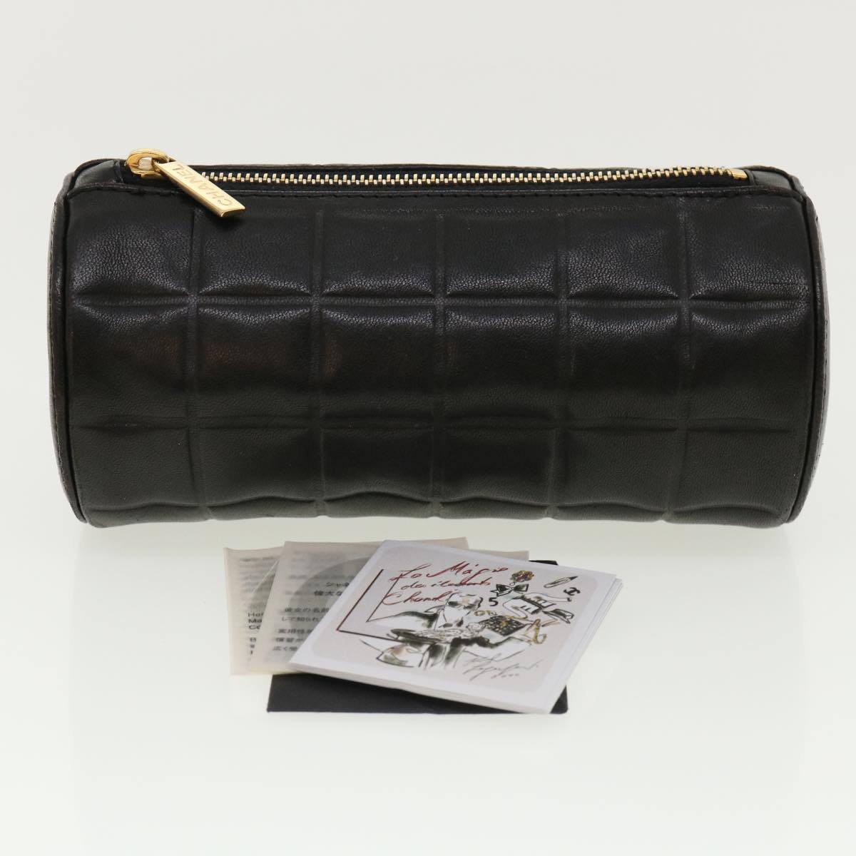 CHANEL Choco Bar Pouch Lamb Skin Black CC Auth bs3875