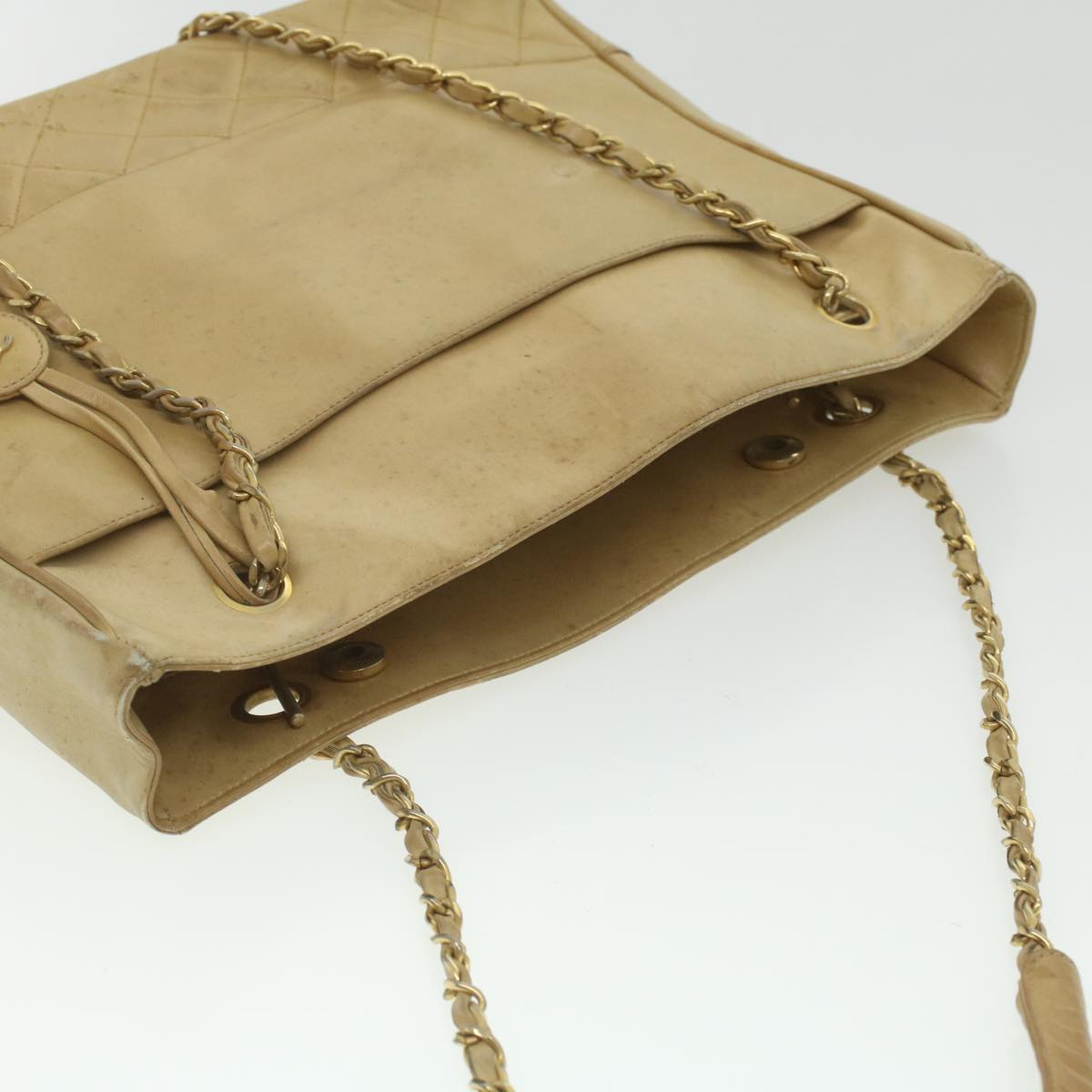 CHANEL Chain Shoulder Bag Lamb Skin Beige CC Auth bs4112
