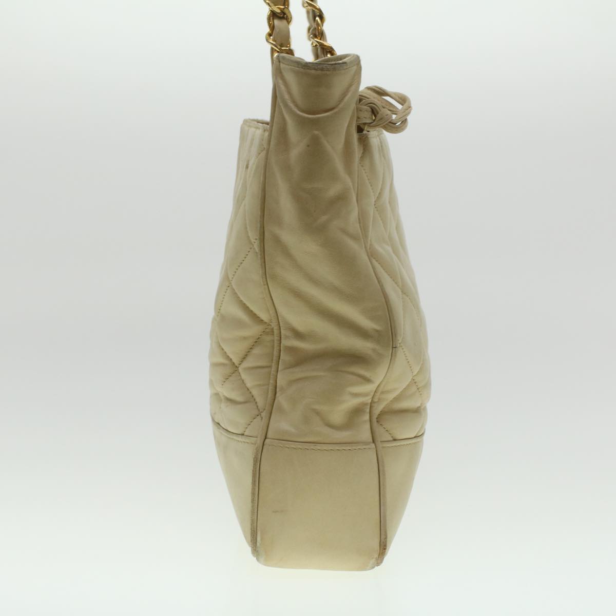 CHANEL Matelasse Chain Shoulder Bag Lamb Skin Beige CC Auth bs4338