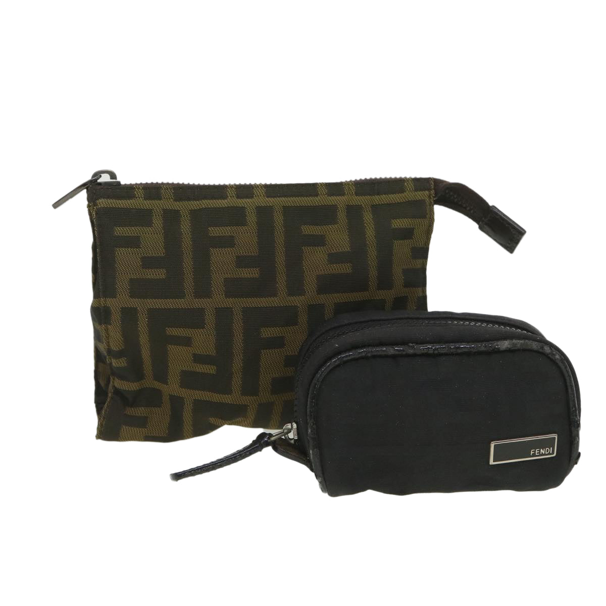 FENDI Zucca Canvas Pouch Nylon 2Set Black Brown Auth bs4582