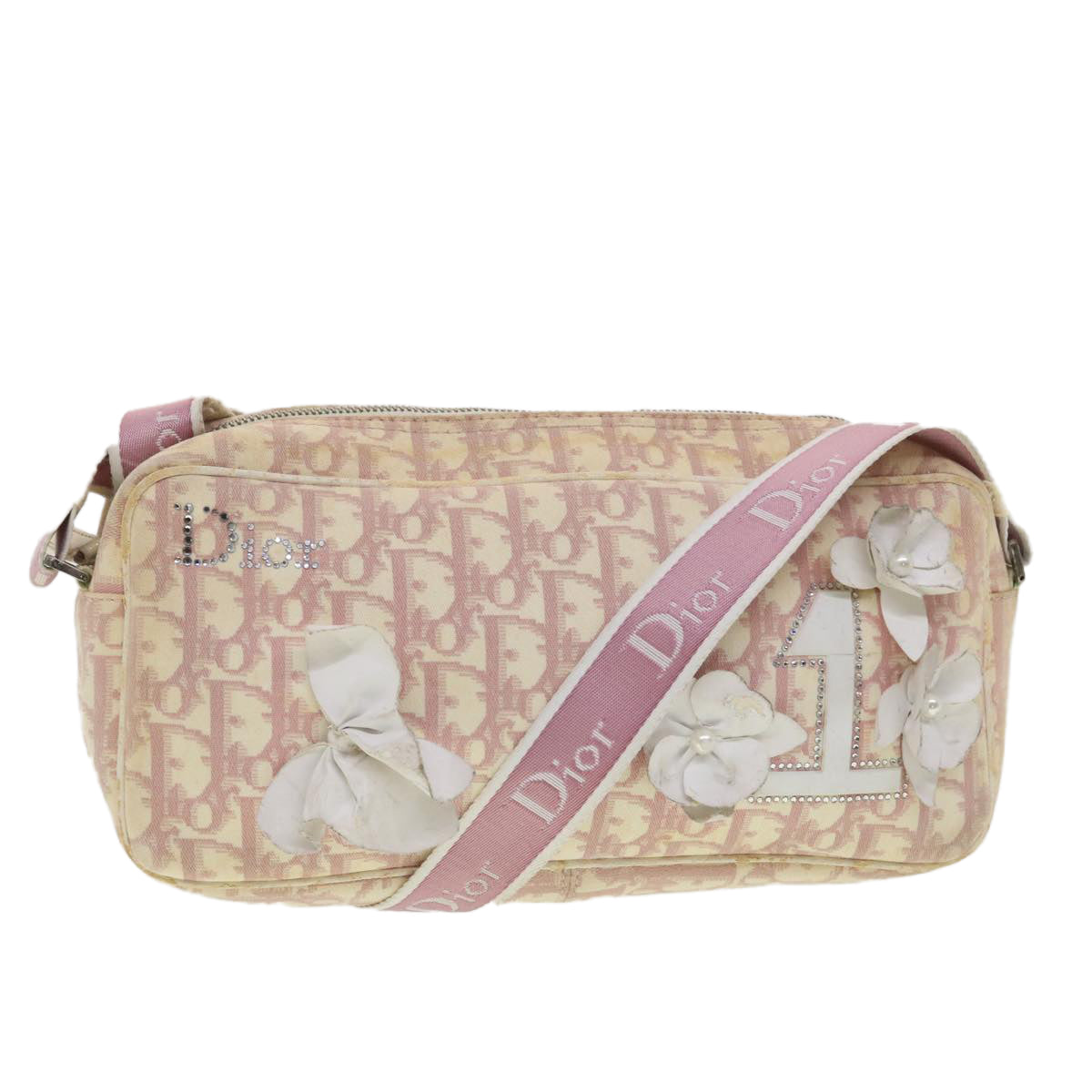 Christian Dior Trotter Canvas Flower Shoulder Bag Pink Auth bs4587