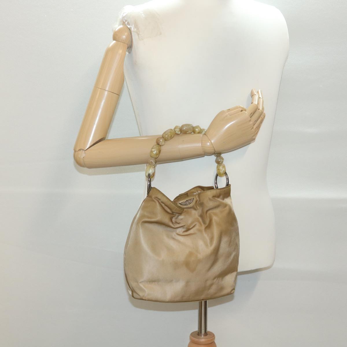 Christian Dior Maris Pearl Hand Bag Nylon Beige Auth bs4600