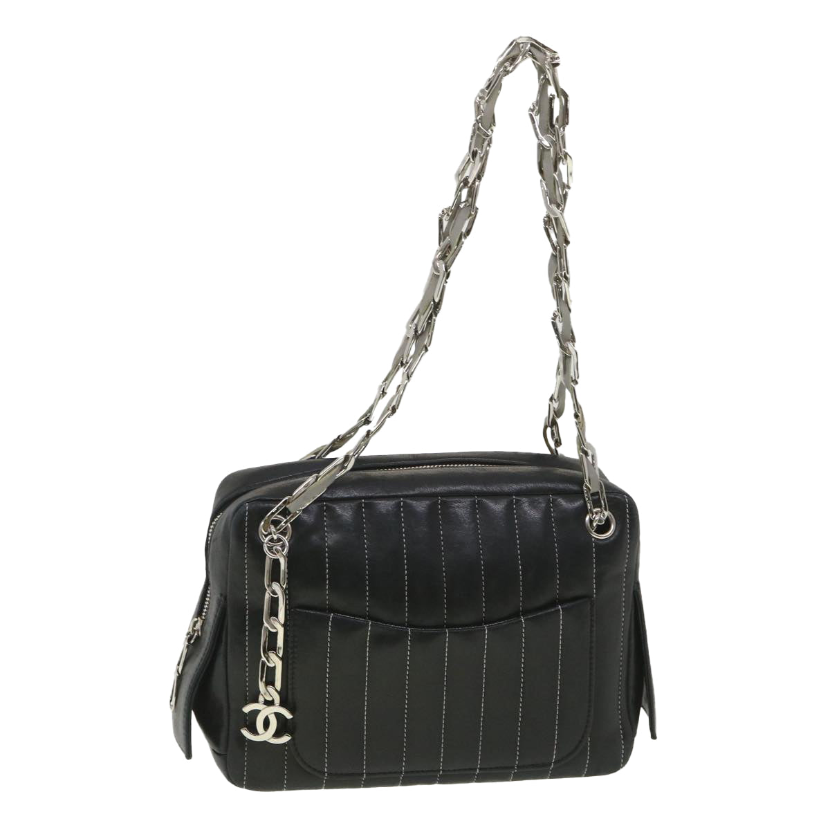 CHANEL Mademoiselle Chain Shoulder Bag Lamb Skin Black CC Auth bs4620