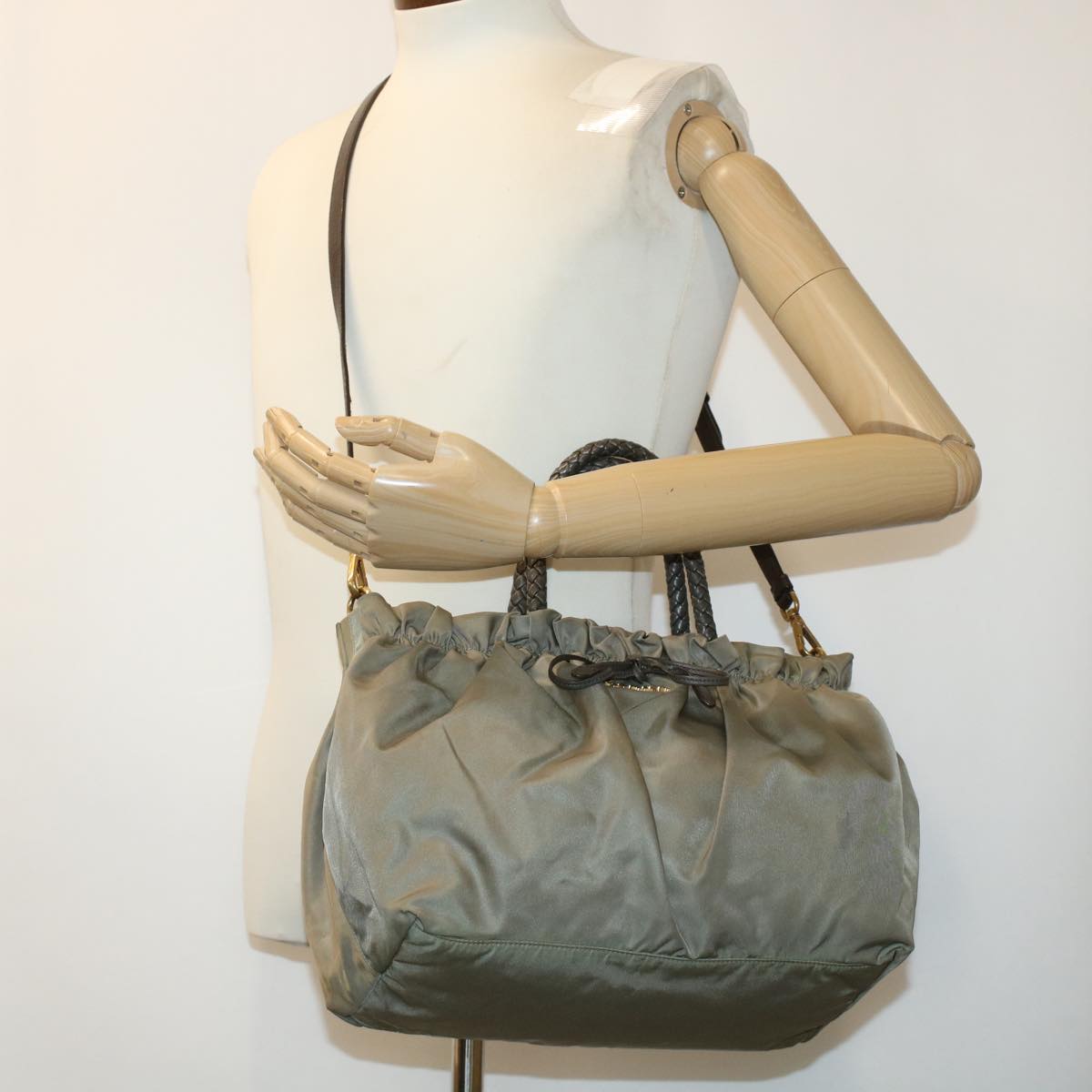 PRADA Hand Bag Nylon 2way Khaki Auth bs5073