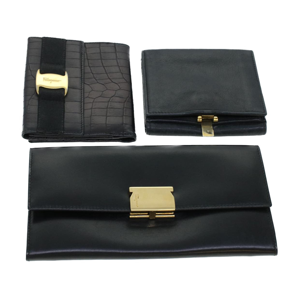 Salvatore Ferragamo Wallet Leather 3Set Black Auth bs5102