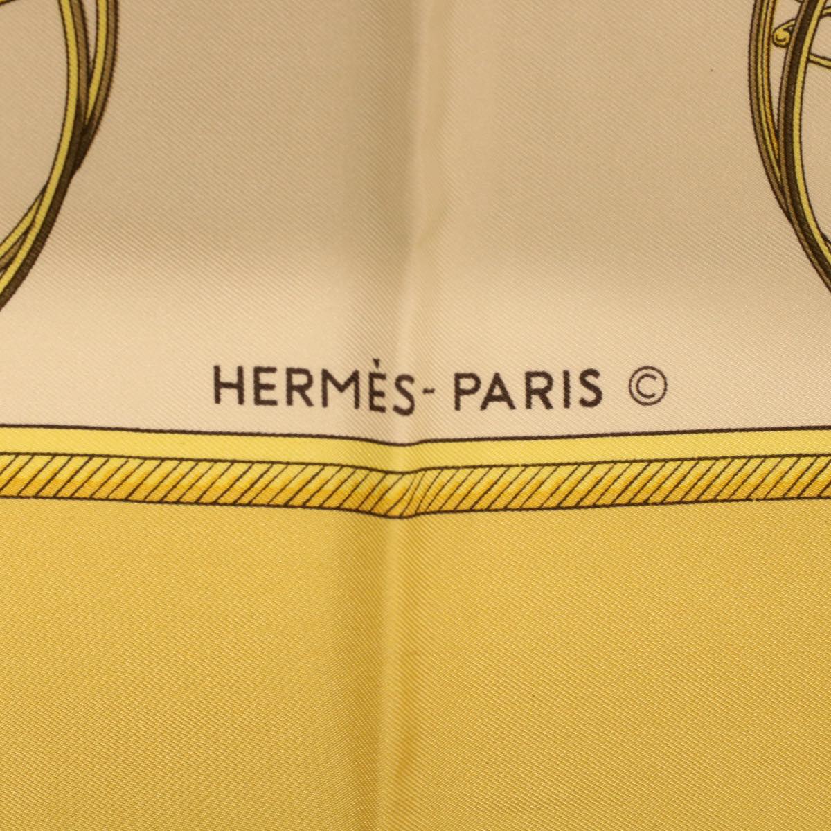 HERMES Carre 90 Scarf ""Les Voitures A Transformation"" Silk Gold Auth bs5107