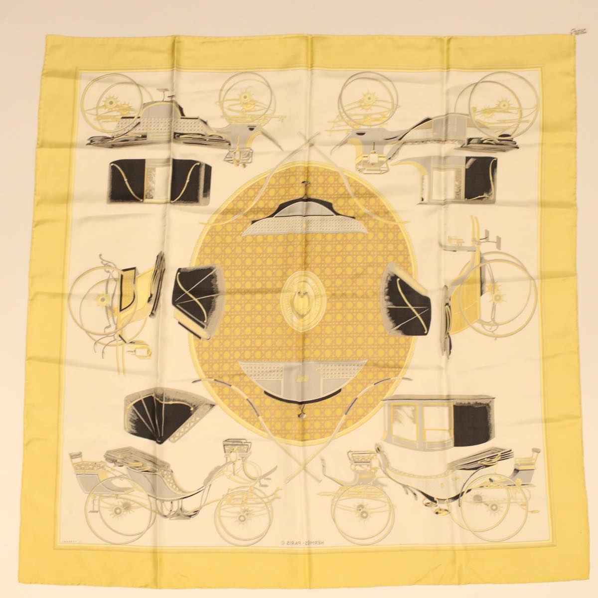 HERMES Carre 90 Scarf ""Les Voitures A Transformation"" Silk Gold Auth bs5107