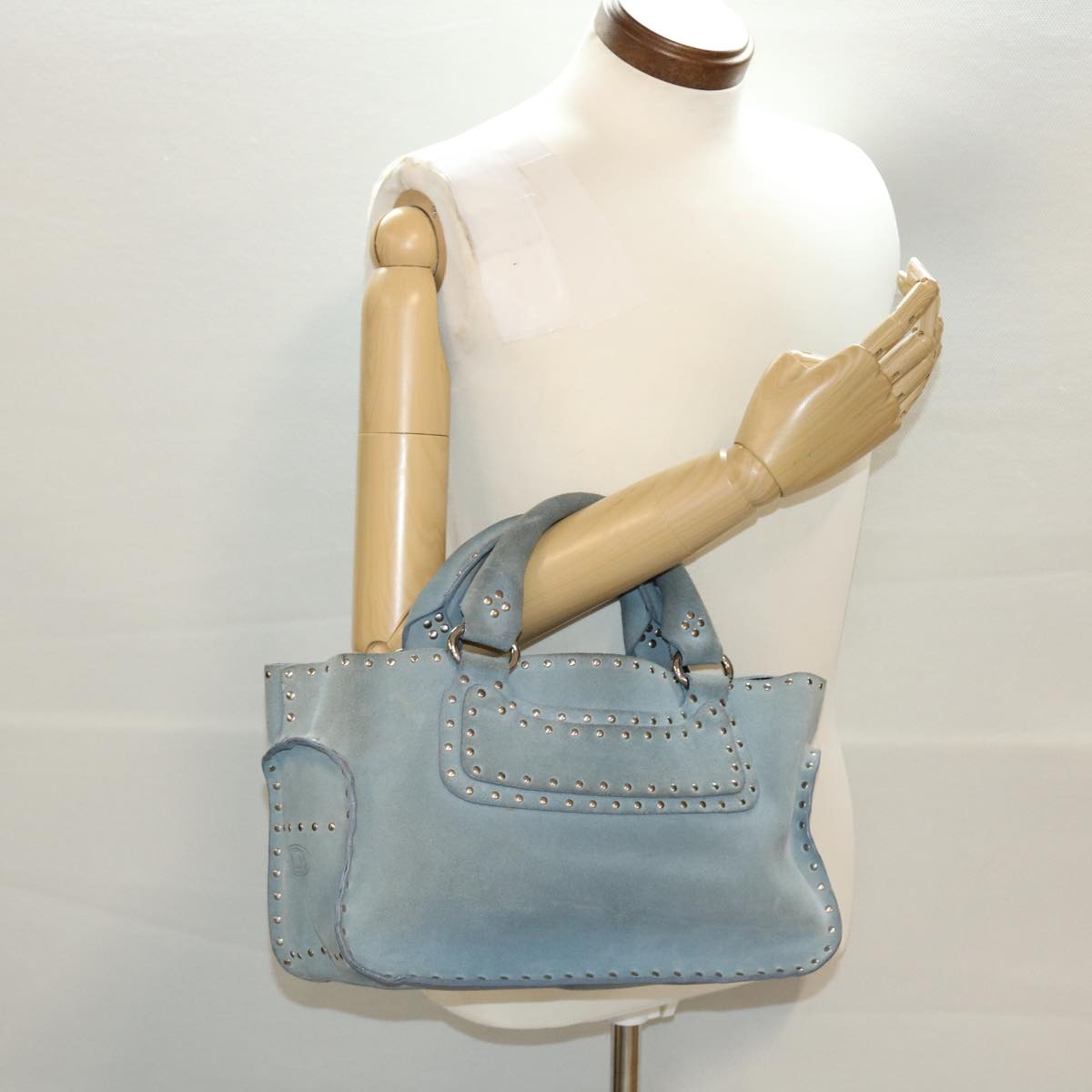 CELINE Hand Bag Suede Light Blue Auth bs5202