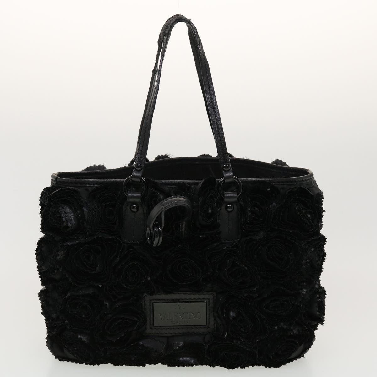 VALENTINO Flower Hand Bag Patent leather 2Set Black Beige Auth bs5312