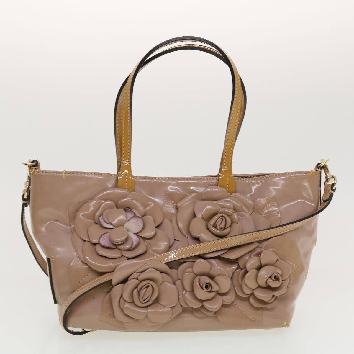 VALENTINO Flower Hand Bag Patent leather 2Set Black Beige Auth bs5312 - 0