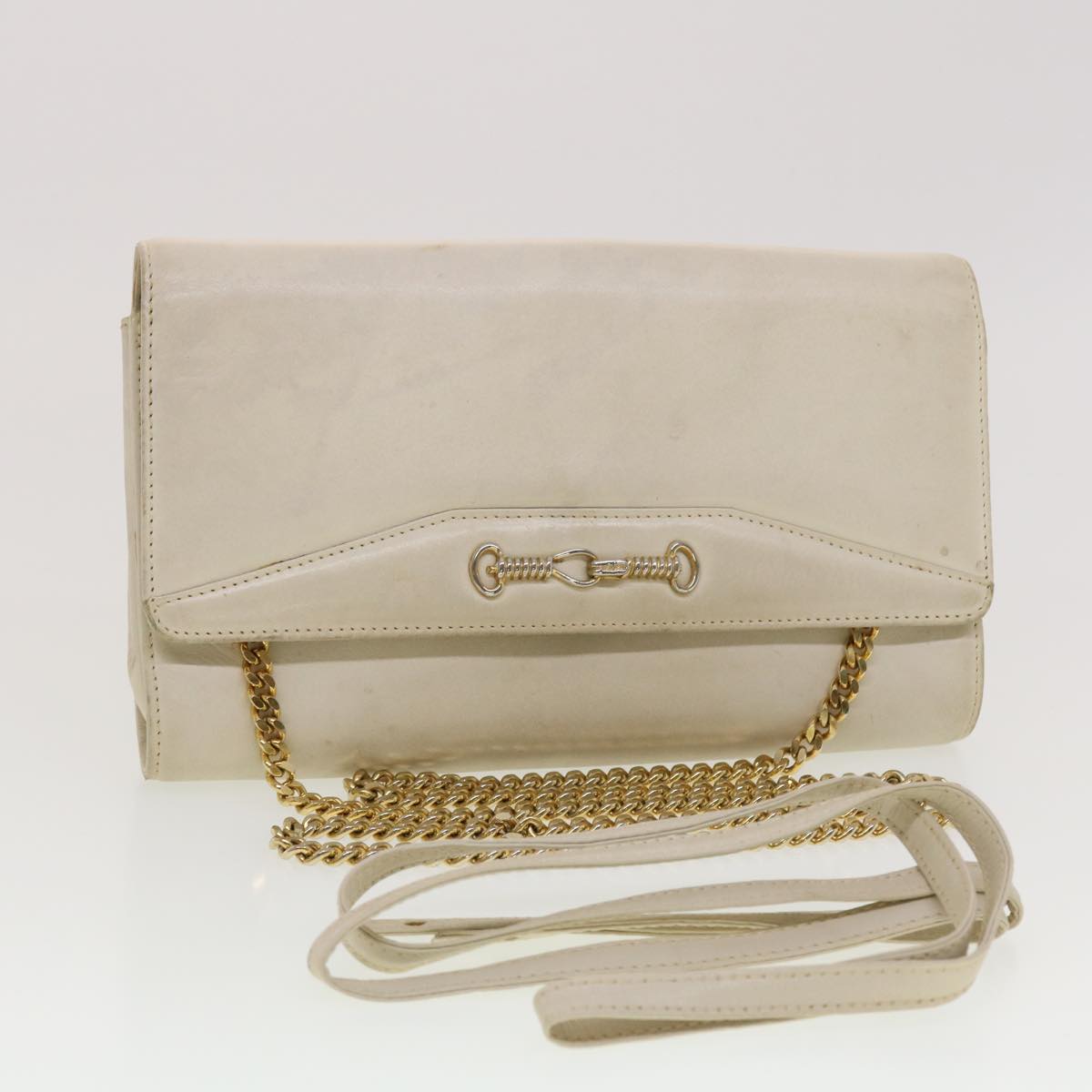 CELINE Shoulder Chain Clutch Bag Leather 2Set Brown White Auth bs5313