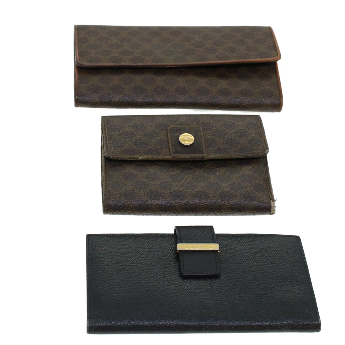 CELINE Macadam Canvas Wallet PVC Leather 3Set Brown Black Auth bs5381
