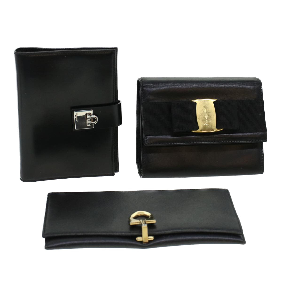 Salvatore Ferragamo Wallet Leather 3Set Black Auth bs5462