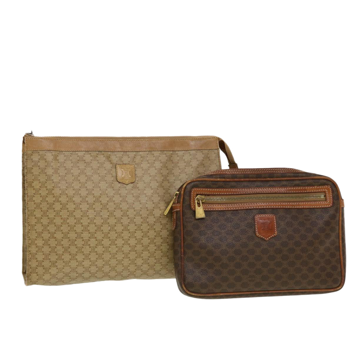CELINE Macadam Canvas Clutch Bag PVC Leather 2Set Beige Brown Auth bs5507