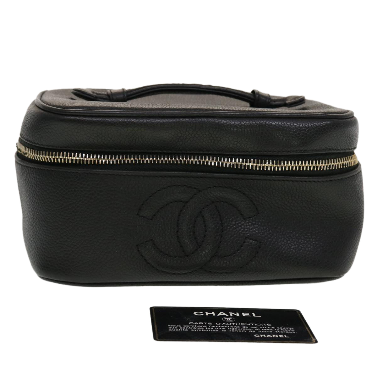 CHANEL Vanity Cosmetic Pouch Caviar Skin Black CC Auth bs5672