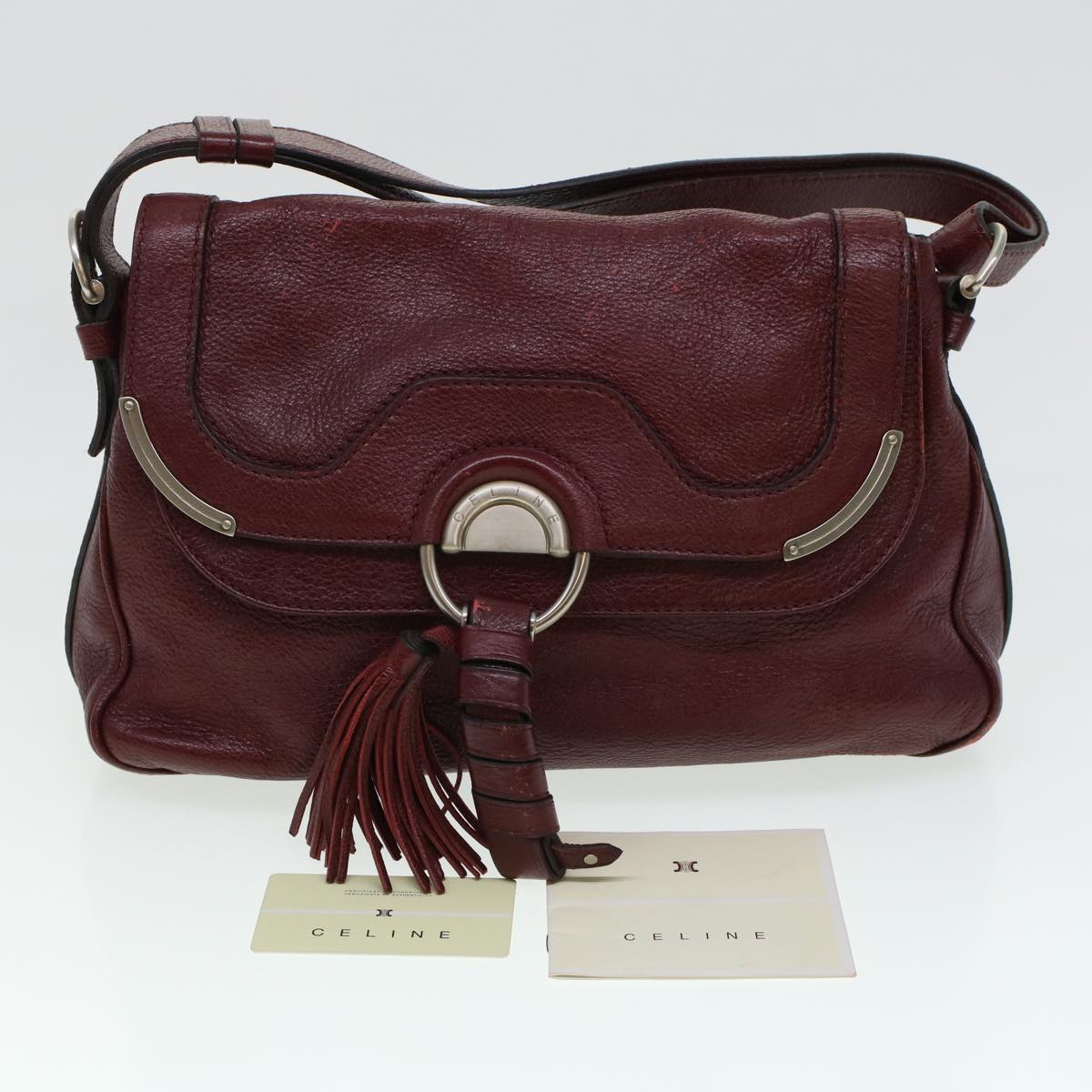 CELINE Fringe Shoulder Bag Leather Red Auth bs5797