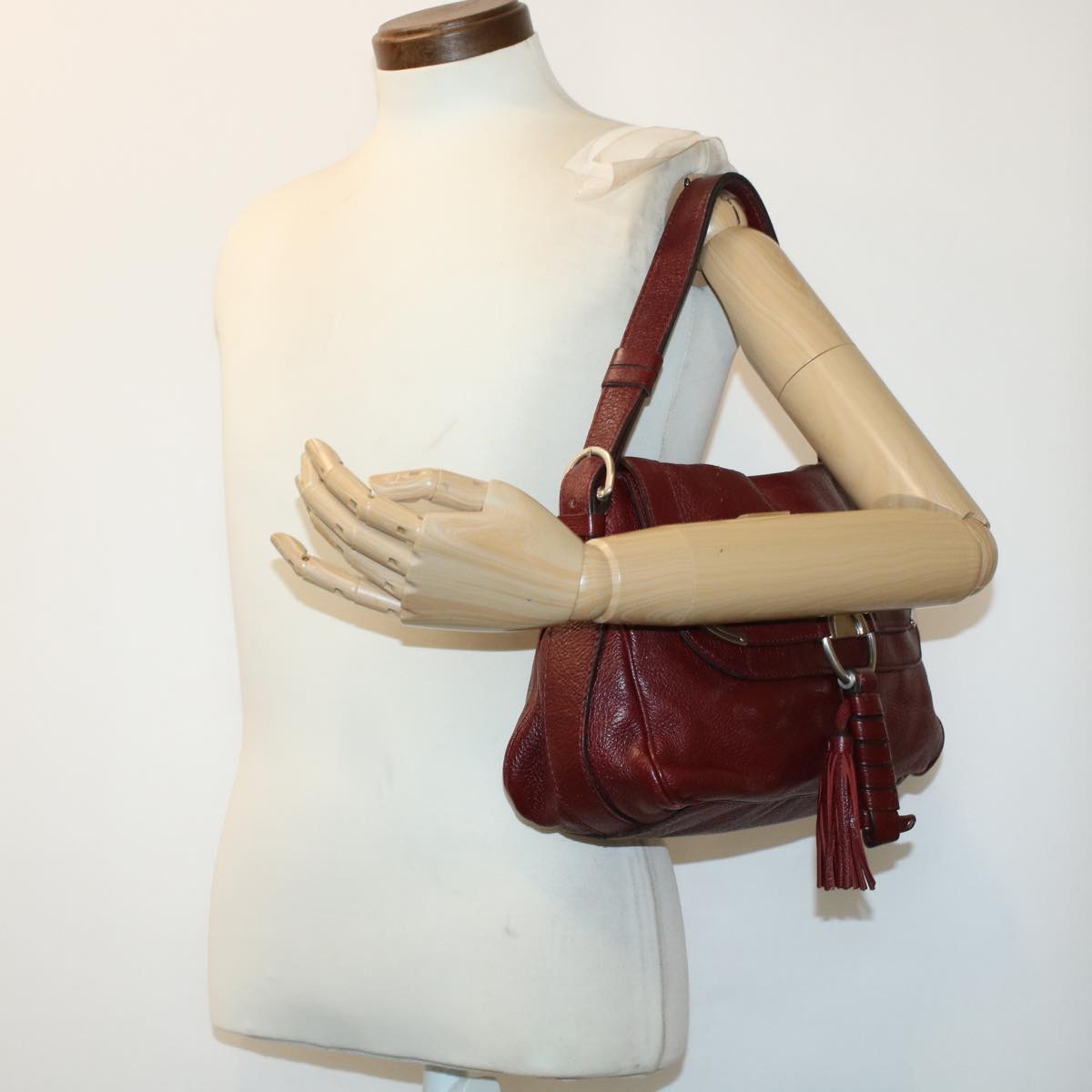 CELINE Fringe Shoulder Bag Leather Red Auth bs5797