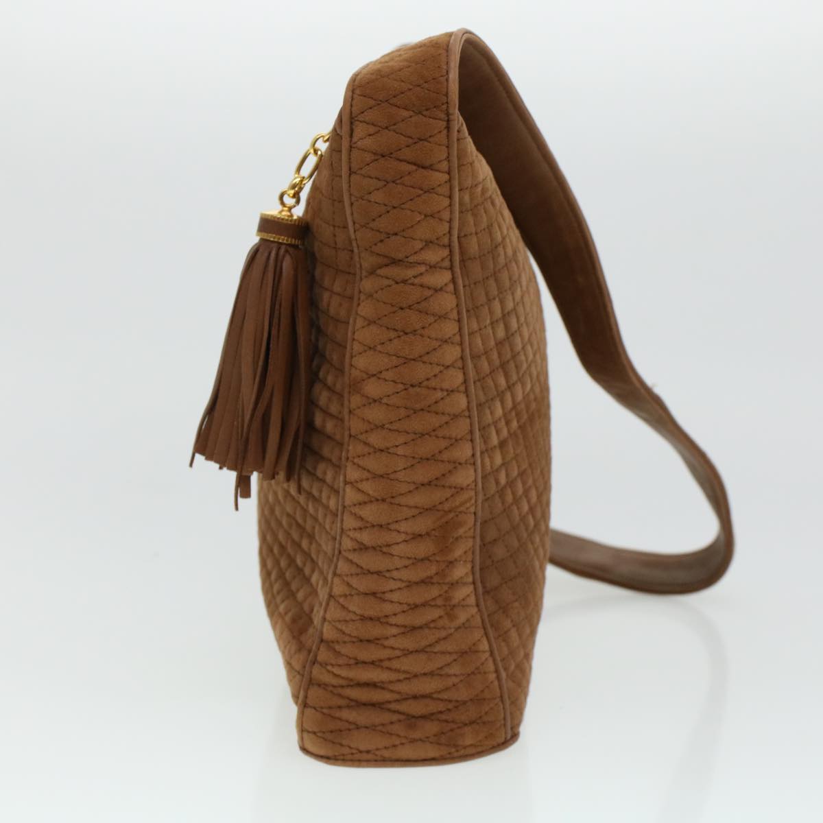 BALLY Quilted Fringe Shoulder Bag Suede Brown Auth bs5808