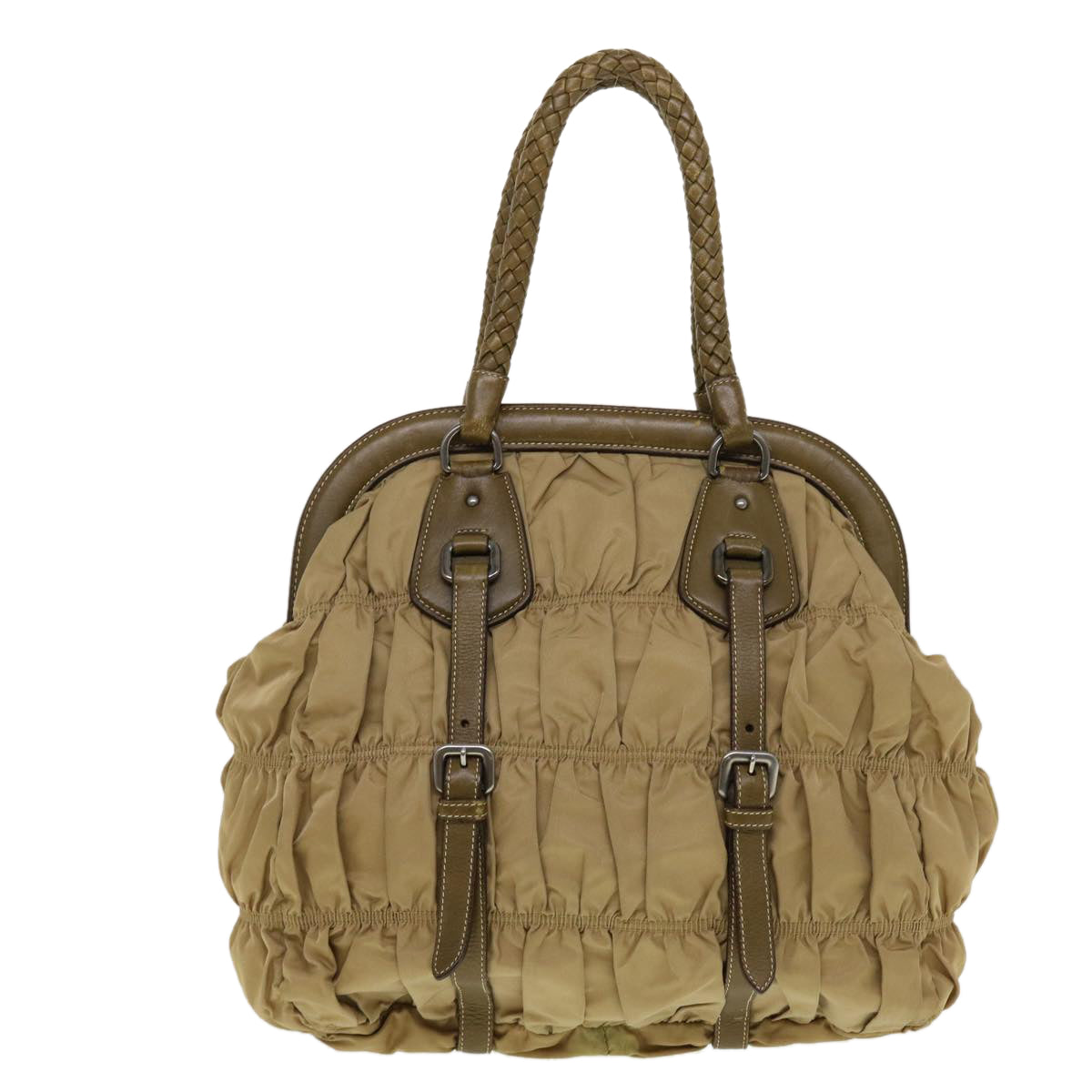 PRADA Clasp Shoulder Bag Nylon Beige Auth bs5822 - 0