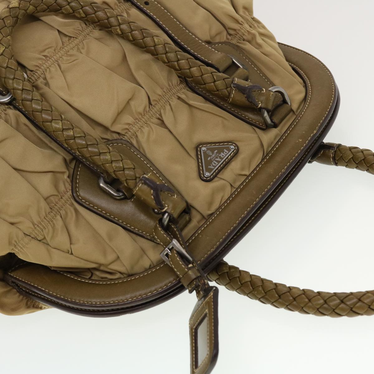 PRADA Clasp Shoulder Bag Nylon Beige Auth bs5822