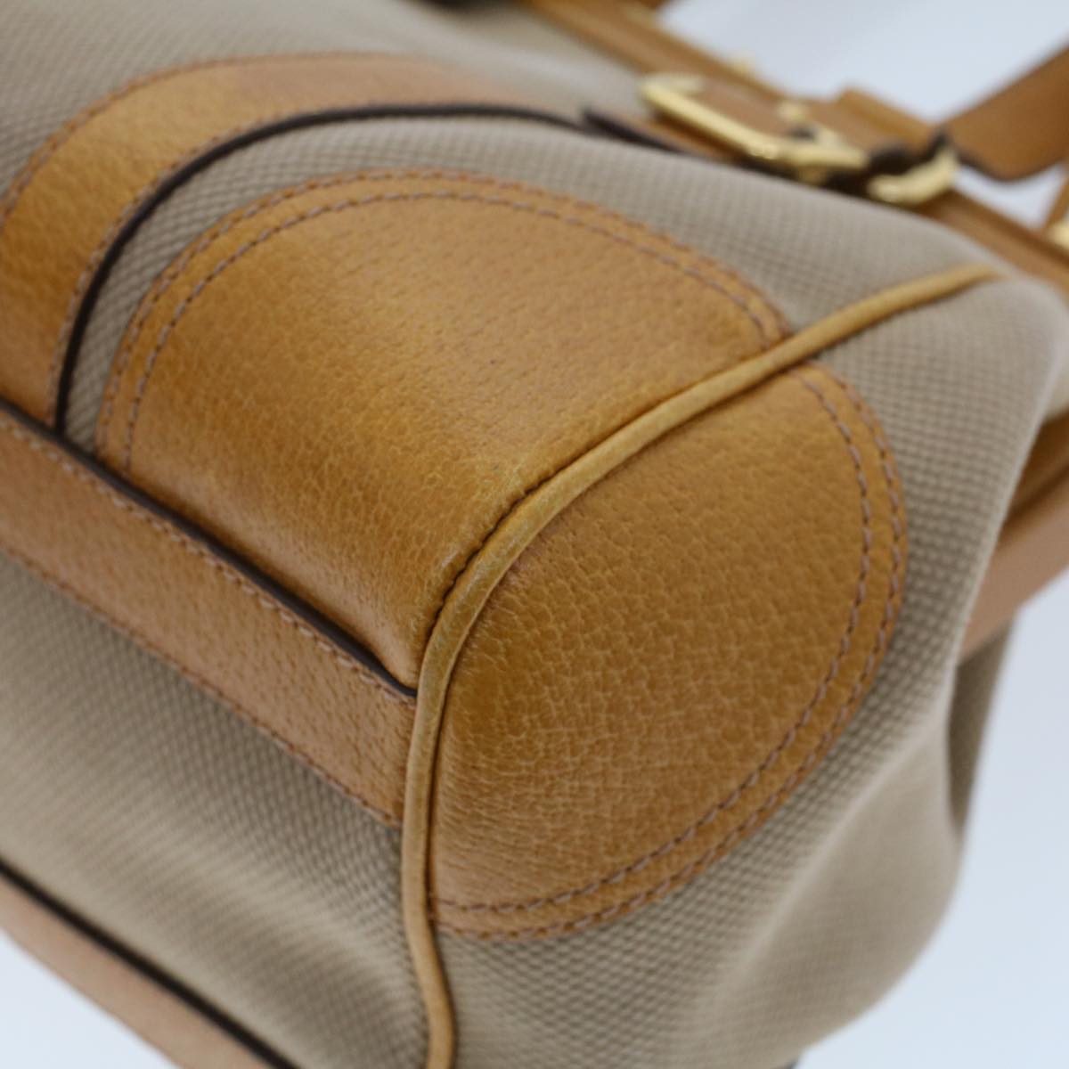PRADA Clasp Hand Bag Canvas Leather Beige Auth bs5890