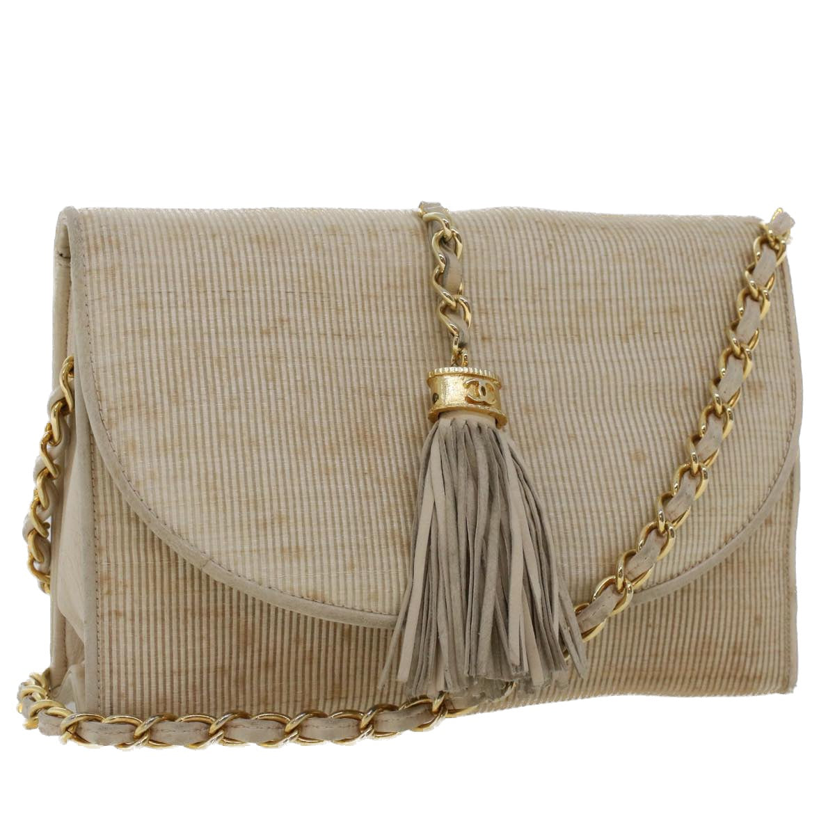 CHANEL Chain Fringe Shoulder Bag PVC Leather Beige CC Auth bs5900