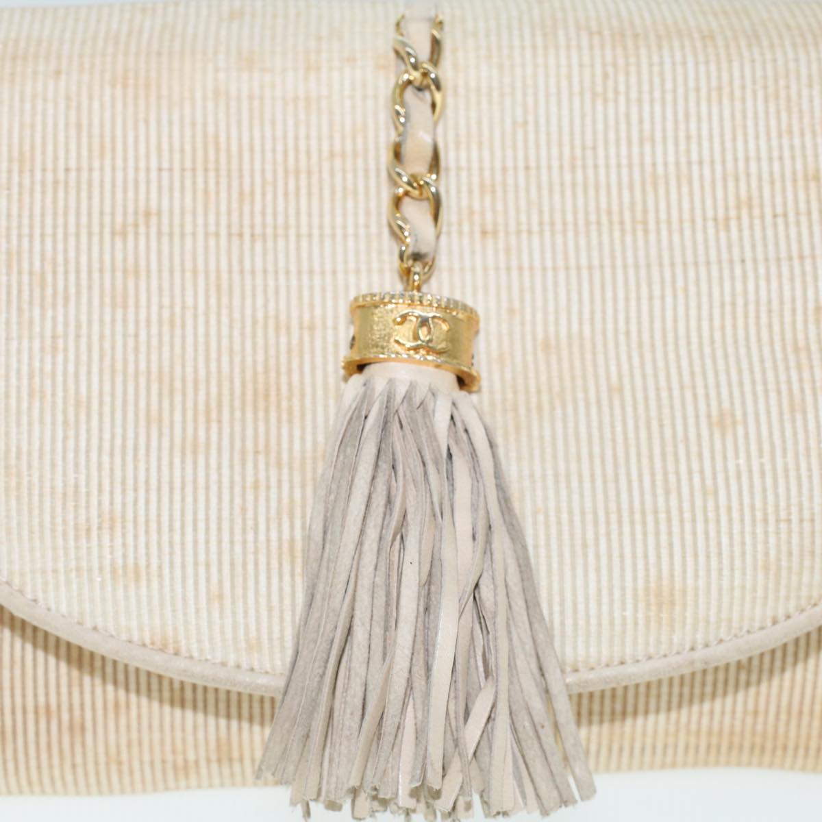 CHANEL Chain Fringe Shoulder Bag PVC Leather Beige CC Auth bs5900