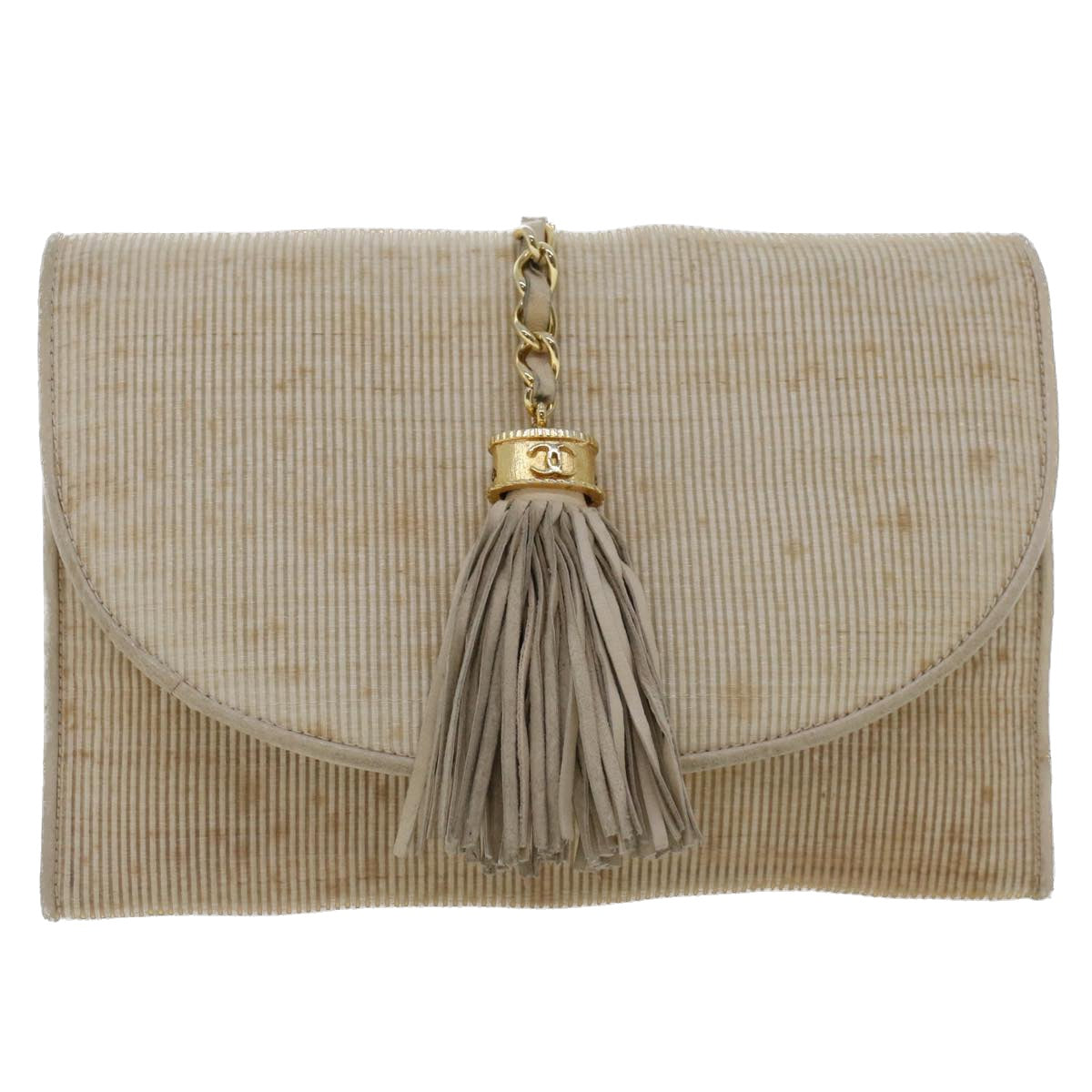 CHANEL Chain Fringe Shoulder Bag PVC Leather Beige CC Auth bs5900