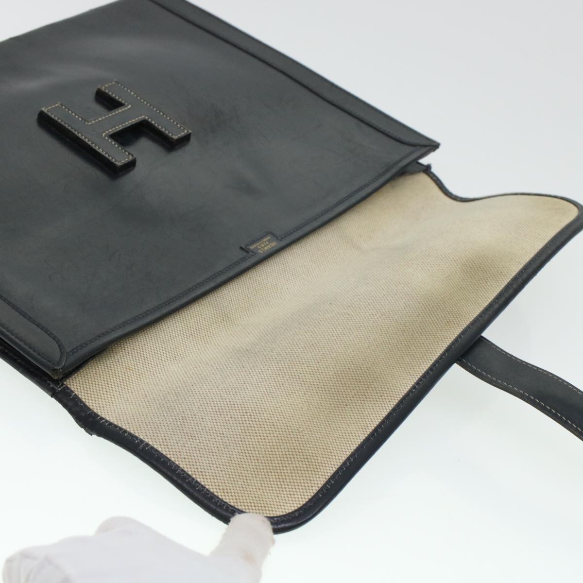 HERMES Giger GM Clutch Bag Leather Black Auth bs5943