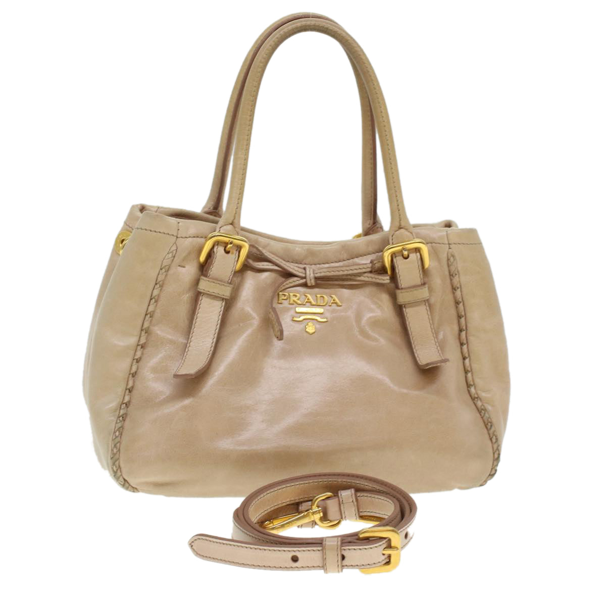 PRADA Hand Bag Leather 2way Beige Auth bs5945