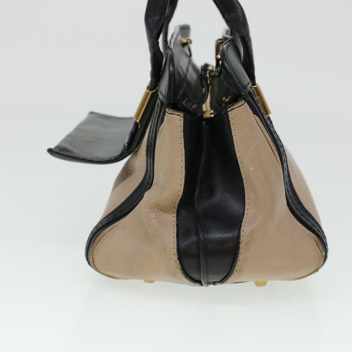 Chloe Little Alice Hand Bag Leather 2way Beige Black Auth bs5981