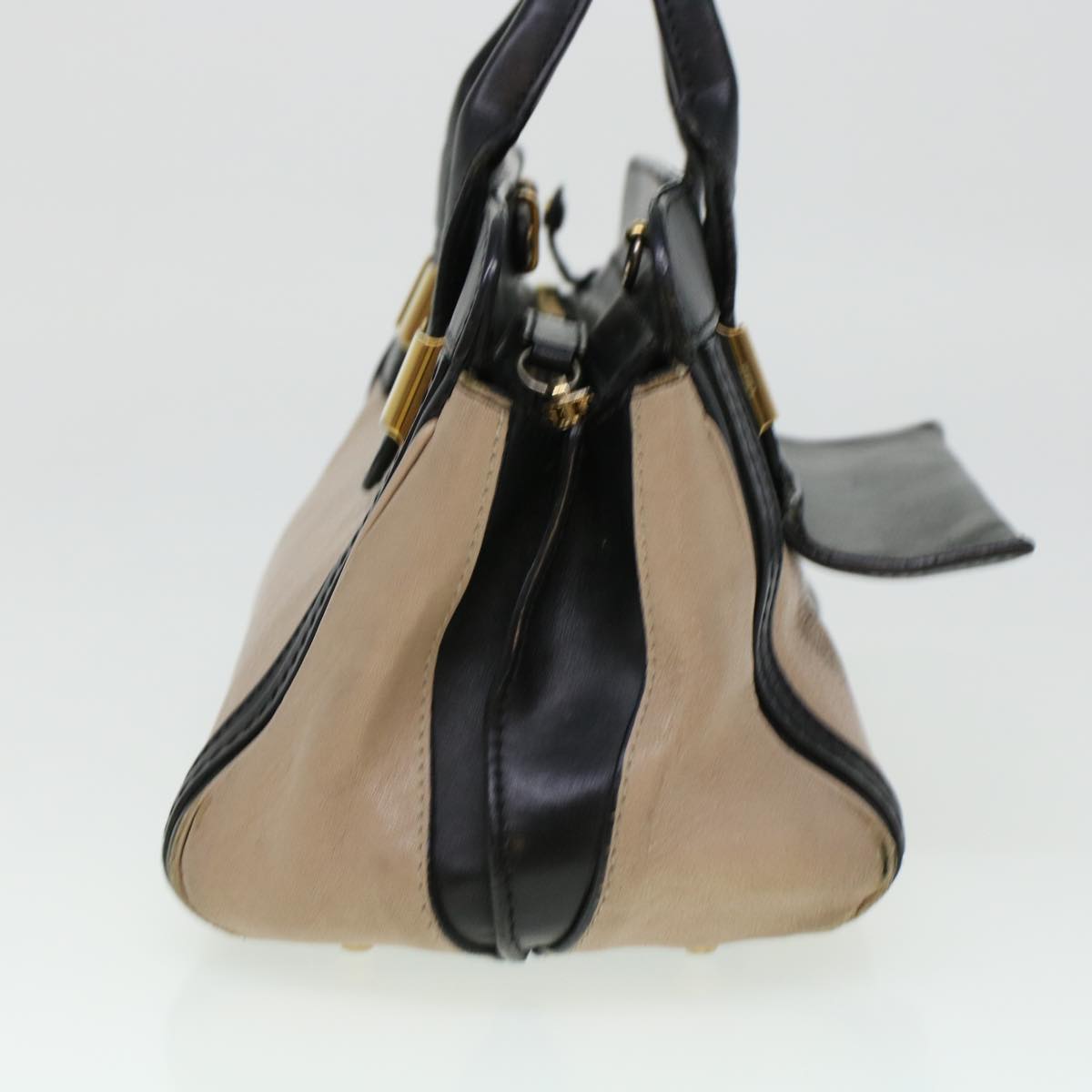 Chloe Little Alice Hand Bag Leather 2way Beige Black Auth bs5981