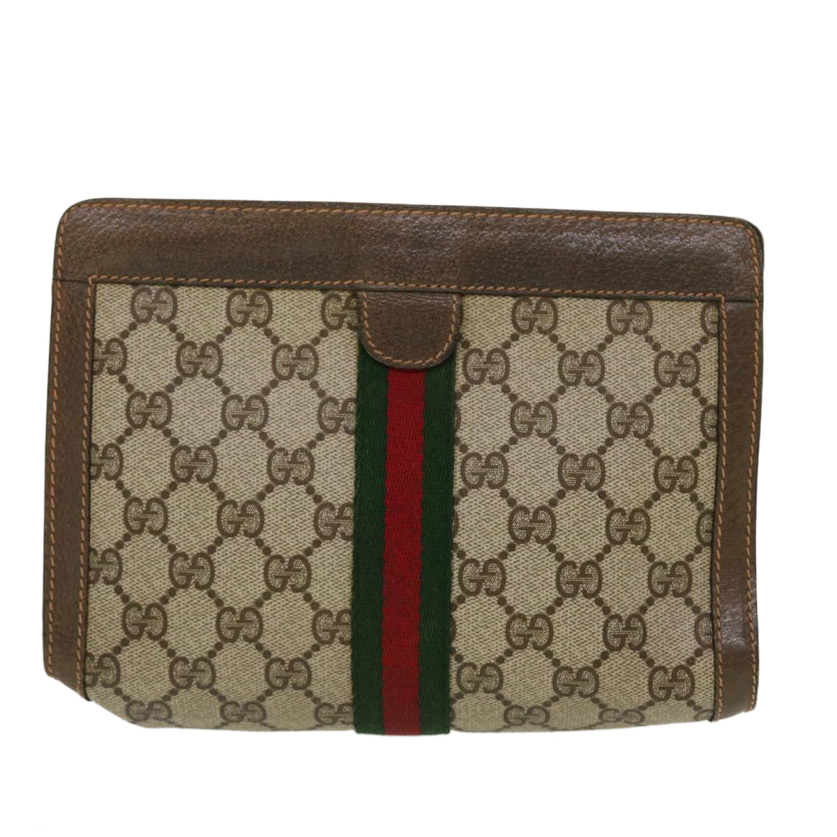 GUCCI GG Canvas Web Sherry Line Clutch Bag Beige Red Green 89.01.001 Auth bs5999