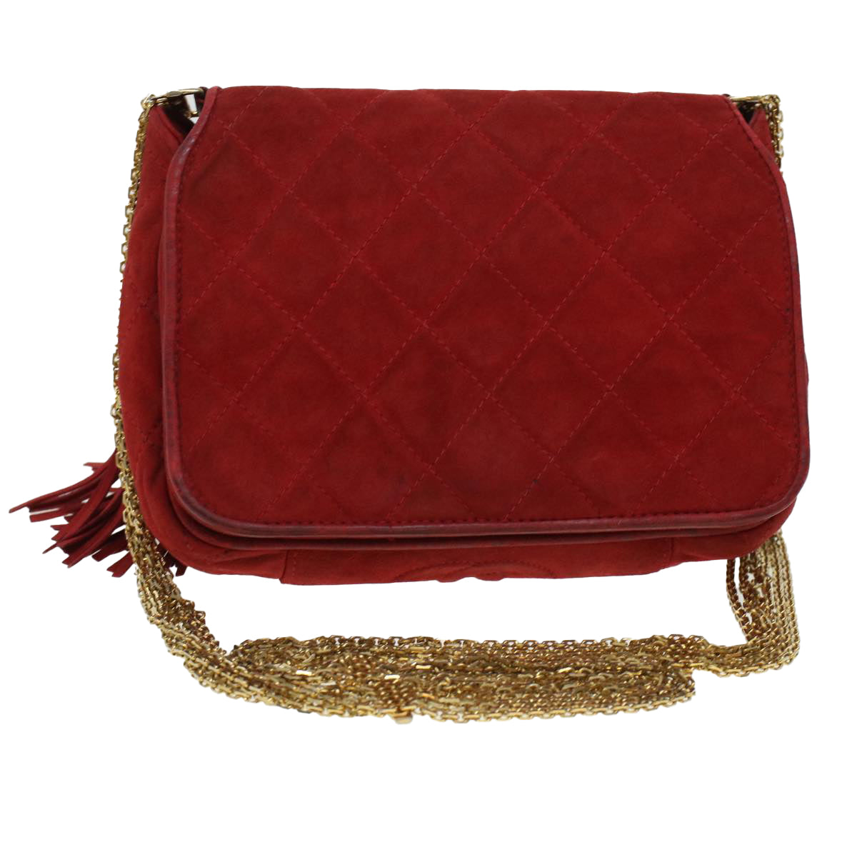 CHANEL Chain Shoulder Bag Suede Red Gold CC Auth bs6033